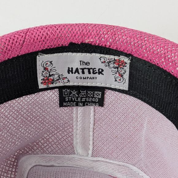 Womens Pink Straw Fedora Hat Hatter Company Ivory Lace Bow One Size Cap Trilby - Picture 7 of 8